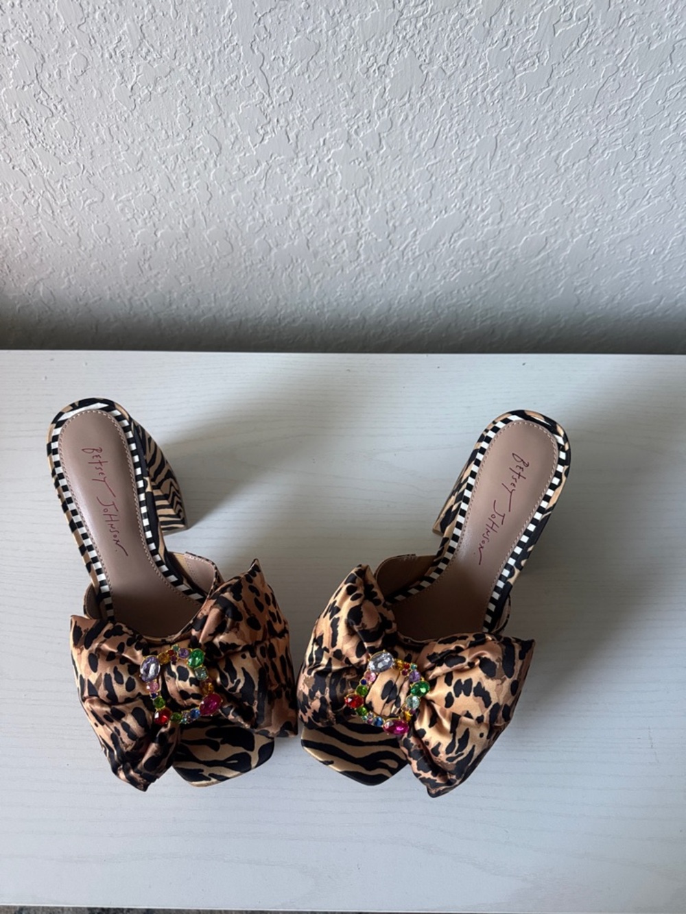 Betsey Johnson Leopard-Print Mule Sandals with Multicolor Gem Bow